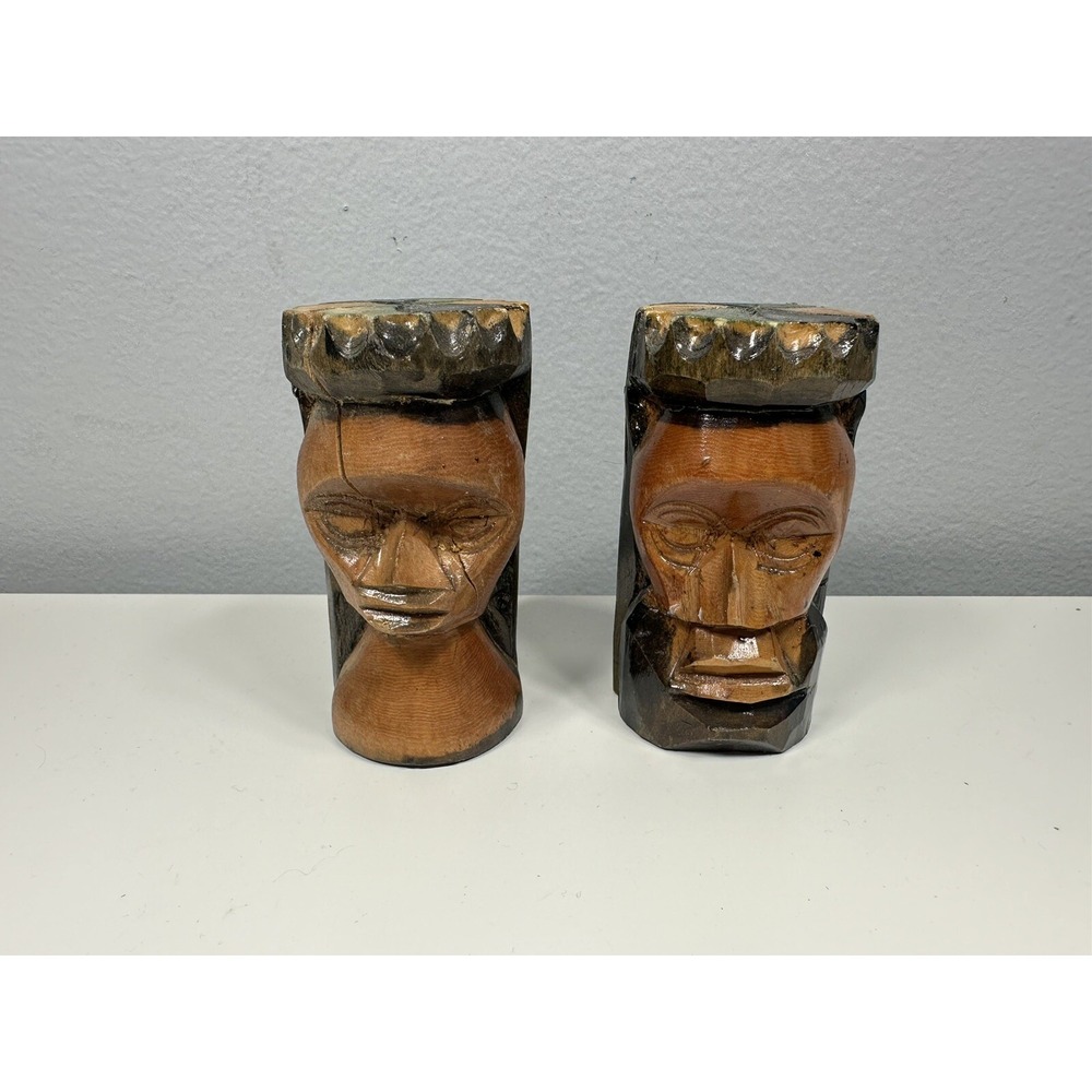 Vintage Jamaican Wooden 3.25" Hand Carved Totem Statues Lot of 2